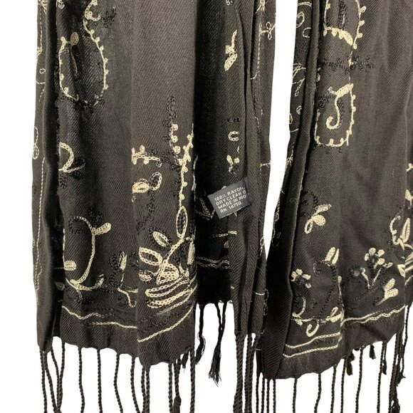 Black Floral Embroidered 100% Rayon Scarf Shawl w/ Fringe + Sequins By Cashmina - Picture 4 of 6